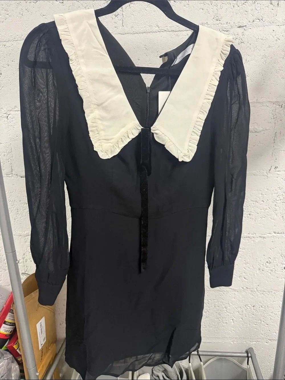 Black Dress with Cream Ruffled Peter Pan Collar - NWT - Size 2 - Sheer Sleeves